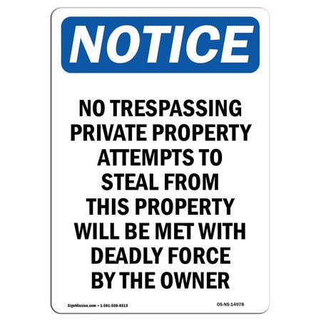 SIGNMISSION Sign, 10" H, 7" W, Rigid Plastic, No Trespassing Private Property Sign, Portrait, V-14978 OS-NS-P-710-V-14978